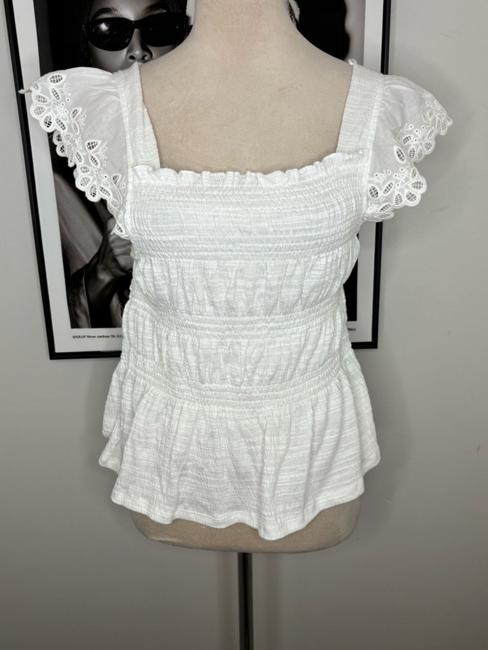 meraki White Smocked Peplum Blouse with Eyelet Cap Sleeves